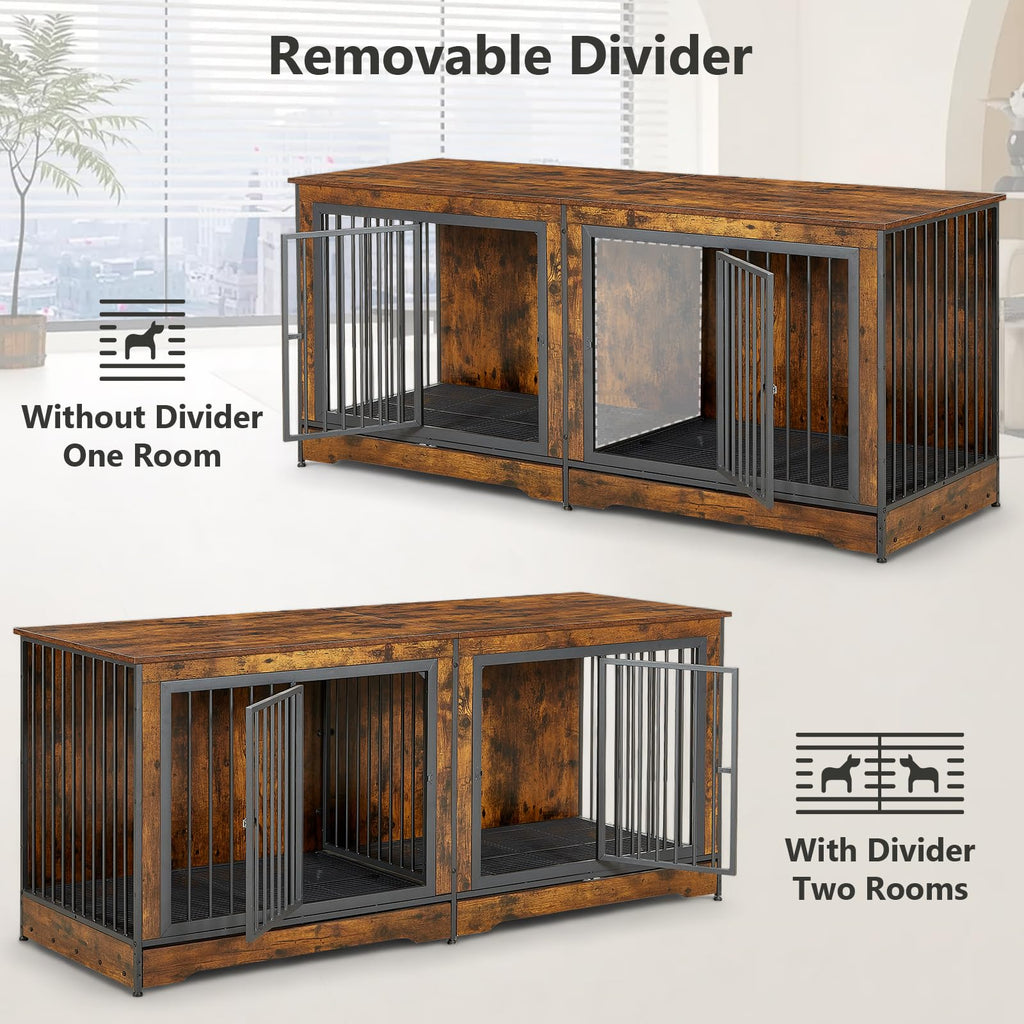 Rovibek 75" Dog Crate Furniture for 2 Dogs, Wooden Extra Large Double Dog Cage Furniture, Decorative Dog Kennels with Double Doors, Indoor Dog Crate TV Stand for Large Dogs, Brown