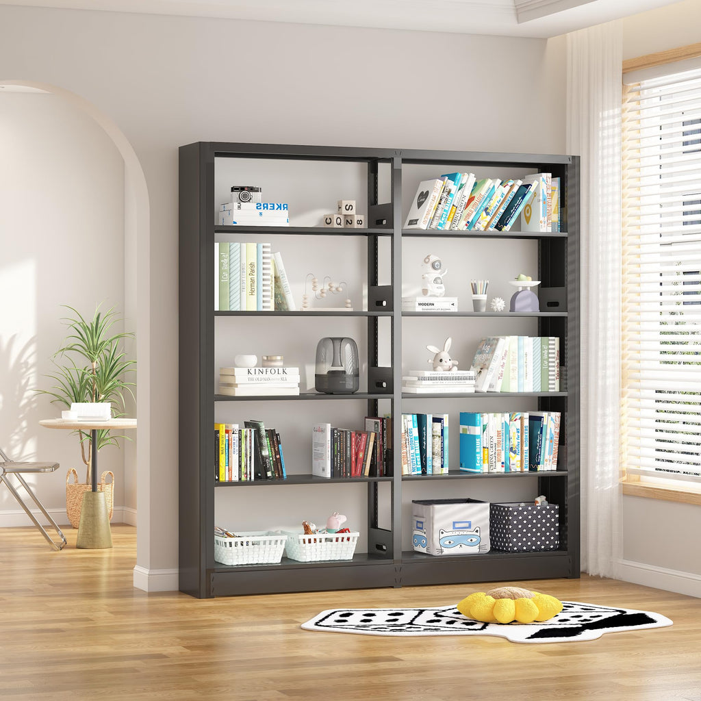 LyAosdFu 5-Tier Industrial Bookshelf, Black Bookcases and Bookshelves,Tall Metal Bookshelf Storage Organizer,Freestanding Book Shelf for Living Room,Home Office (Black, Shelf-2)