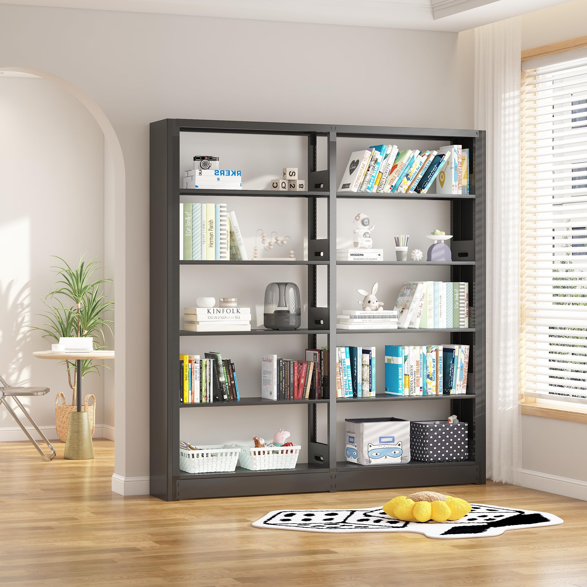 LyAosdFu 5-Tier Industrial Bookshelf, Black Bookcases and Bookshelves,Tall Metal Bookshelf Storage Organizer,Freestanding Book Shelf for Living Room,Home Office (Black, Shelf-2)