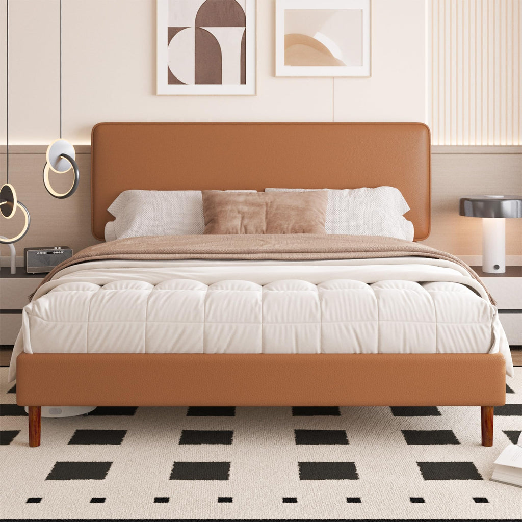 Lcwtvgxr King Size Leather Platform Bed Frame with Adjustable Upholstered Headboard, Solid Wooden Legs, No Box Spring Needed, Easy Assembly, Noise Free, Orange-Brown