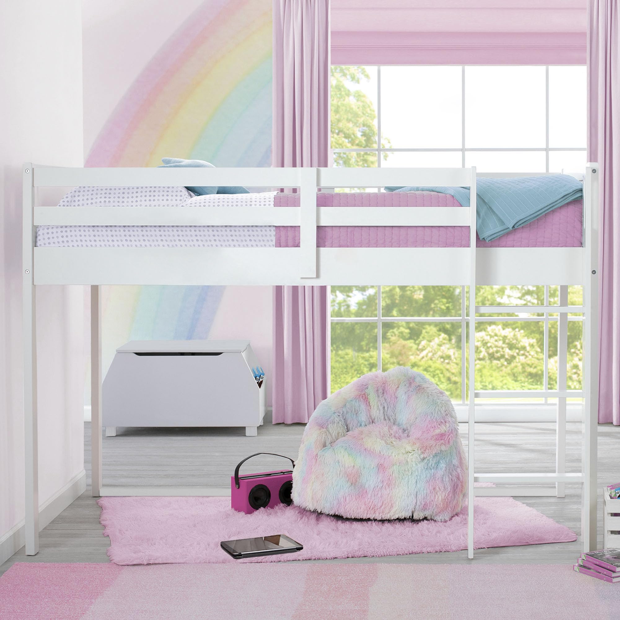 Delta Children Twin Loft Bed with Guardrail and Ladder (Coordinates with Loft Bed Tents Sold Separately), White