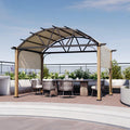 HAPPATIO 12' X 12' Outdoor Pergola with Sling Retractable Canopy, Wood-Like Aluminum Patio Pergola Shade Arched Top for Patio, Backyard, Garden,Poolside