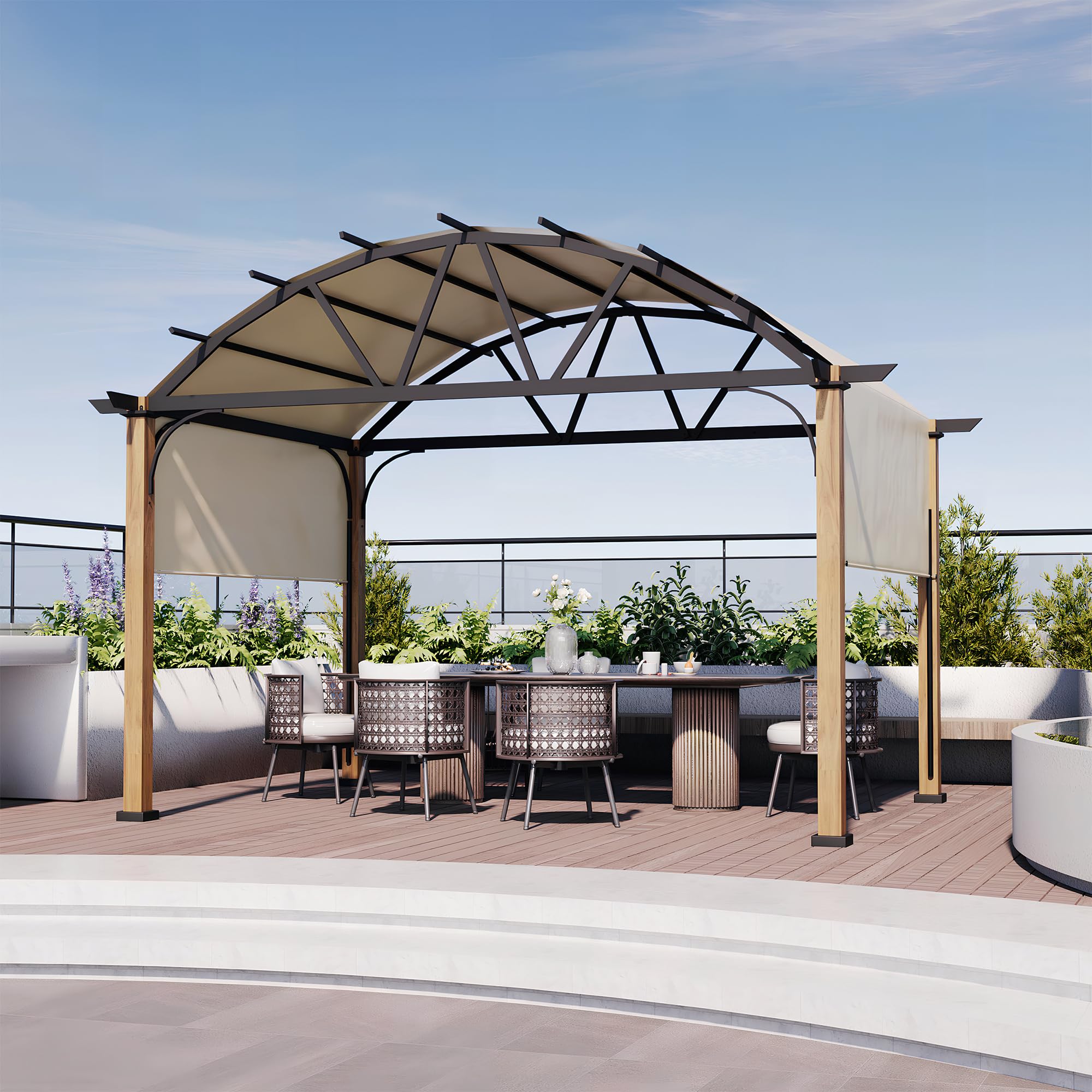 HAPPATIO 12' X 12' Outdoor Pergola with Sling Retractable Canopy, Wood-Like Aluminum Patio Pergola Shade Arched Top for Patio, Backyard, Garden,Poolside