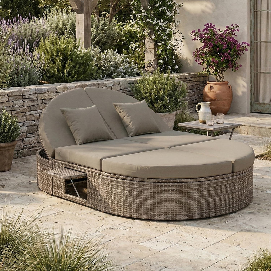SoarFlash Outdoor Sun Bed Patio 2-Person Daybed, Rattan Sun Day Sofa Bed Reclining Lounger with Adjustable Backrests, Foldable Cup Trays for Lawn Poolside Deck Backyard (Grey)