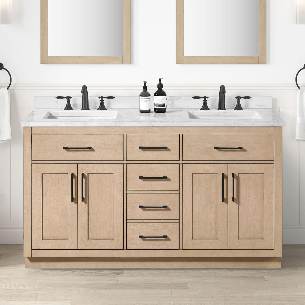 OVE Decors Athea 60 in. Double Sink Freestanding Sahara Birch Bathroom Vanity with White Engineered Marble Top, Matching Backsplash and Power Bar