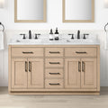 OVE Decors Athea 60 in. Double Sink Freestanding Sahara Birch Bathroom Vanity with White Engineered Marble Top, Matching Backsplash and Power Bar
