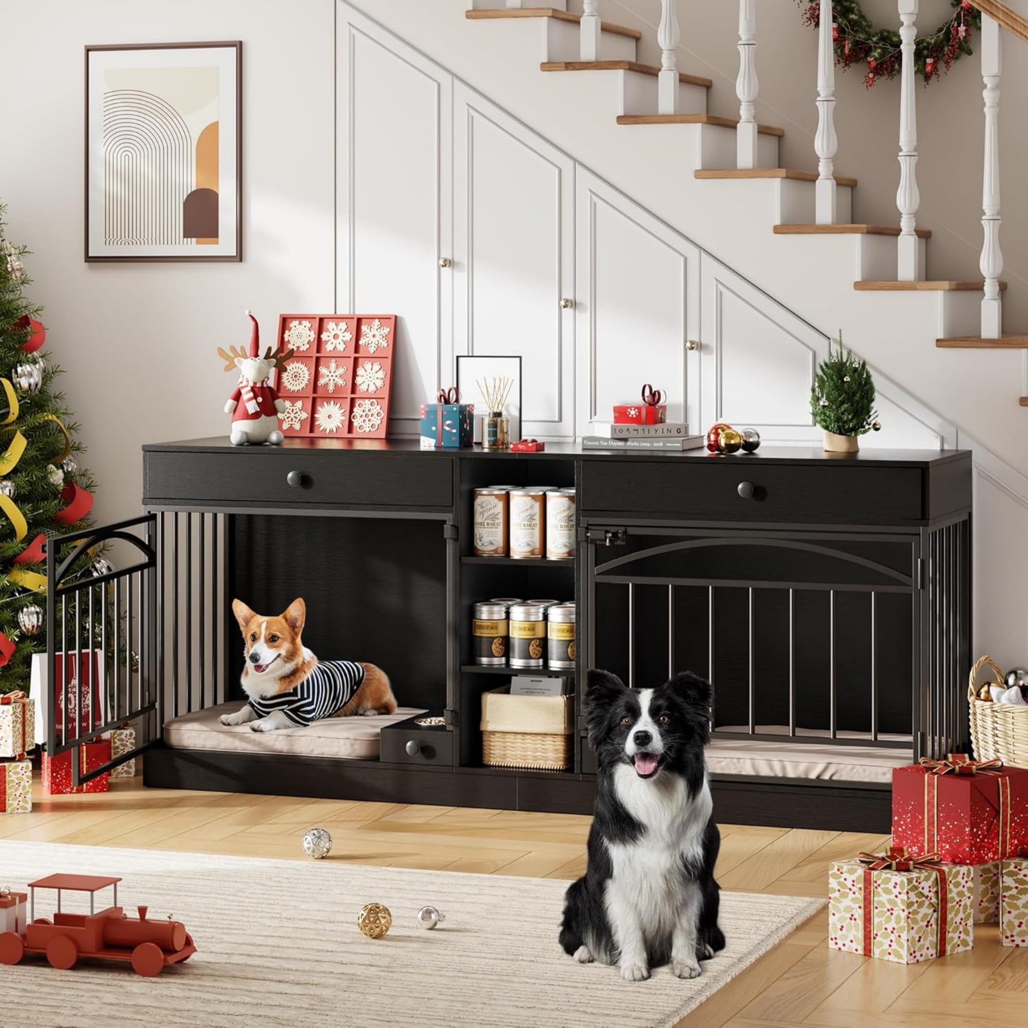 GAOMON Dog Crate Furniture for 2 Dogs, 78.7'' Large Dog Kennel Indoor with 2 Storage Drawers, 3 Shelves and Feeding Bowls, Double Dog Crate TV Stand for Small and Medium Dogs, Black