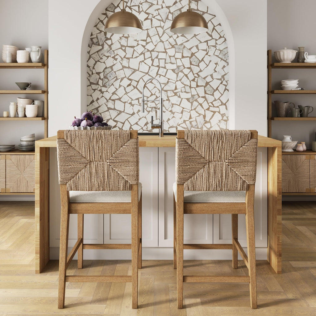 Nathan James Beacon Bohemian Boucle Bar Stool, Upholstered Counter Height Chair with Solid Wood Frame and Woven Seagrass Back for Kitchen Island, Light Brown/Seagrass/Cream Boucle, Set of 2