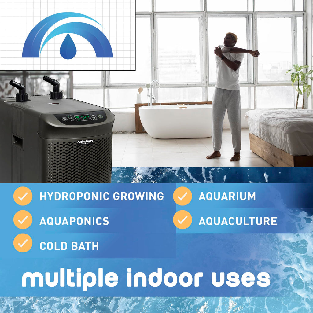 Active Aqua Hydroponic Water Chiller for Aquaponics, Plunge Baths and Aquariums, 0.25 HP - Portable Cooling System with Boost Function for 40-92 Gallon Reservoirs, Pure Titanium Evaporator Cooler