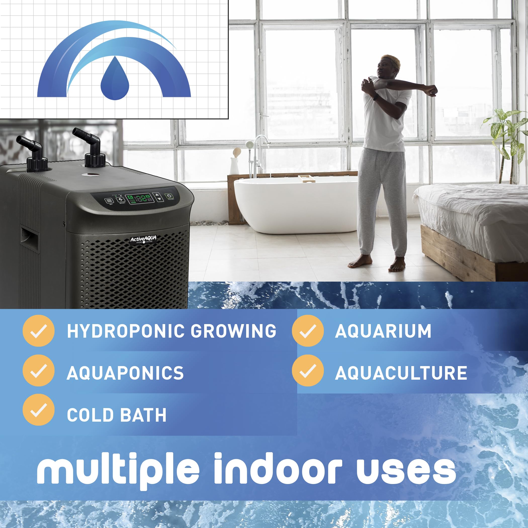 Active Aqua Hydroponic Water Chiller for Aquaponics, Plunge Baths and Aquariums, 0.25 HP - Portable Cooling System with Boost Function for 40-92 Gallon Reservoirs, Pure Titanium Evaporator Cooler
