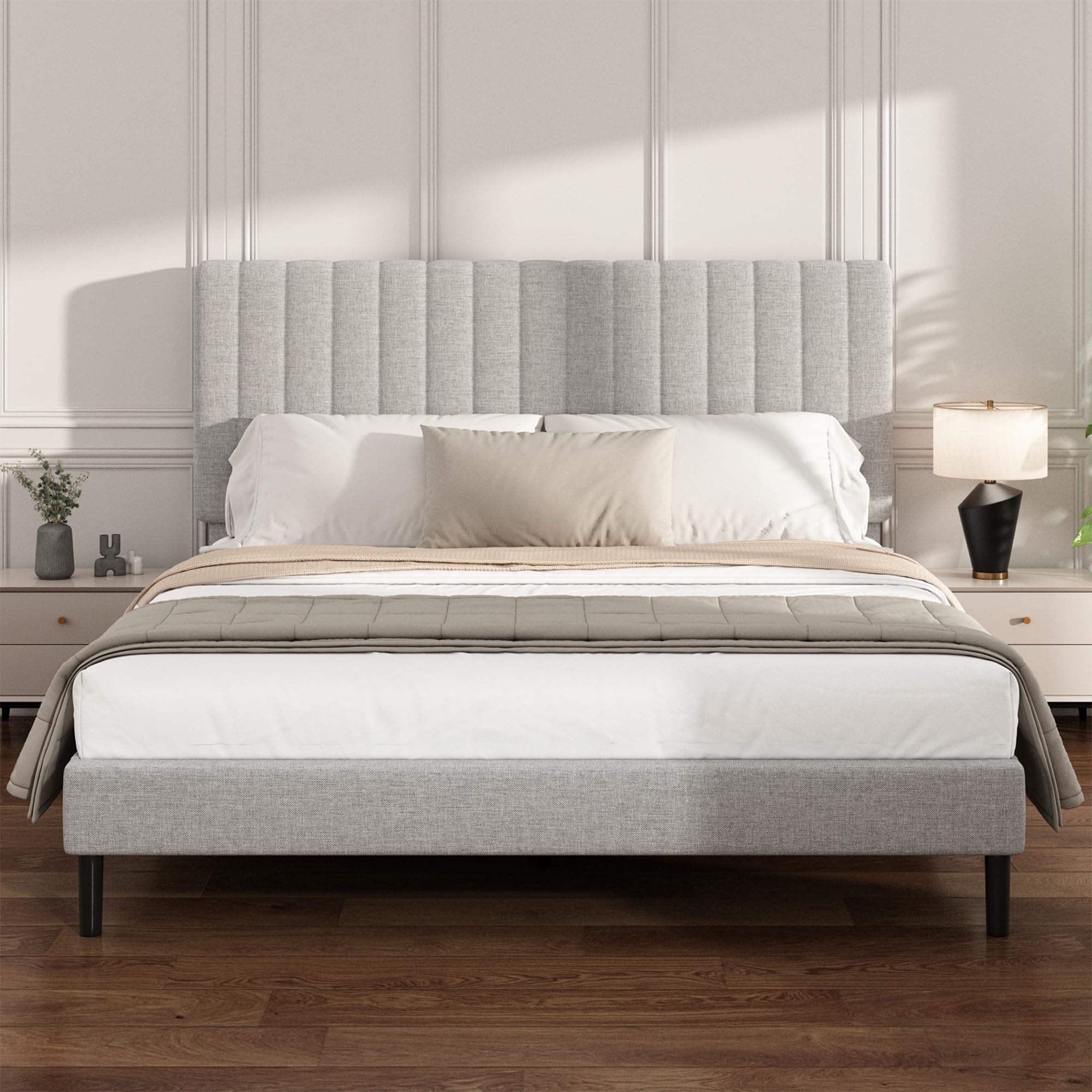 Mxhtcewz King Size Platform Bed Frame with Vertical Channel Tufted Headboard, No Box Spring Needed, Noise-Free, Easy Assembly, Light Grey Linen