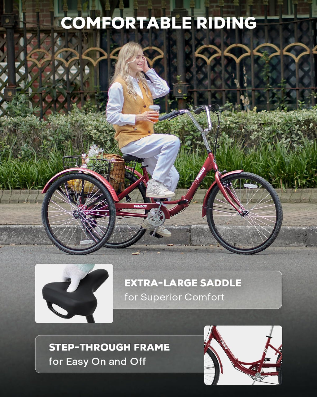 VIRIBUS Folding Tricycle for Adults, 7 Speed Foldable Adult Tricycle with Removable Wheeled Basket, Folding 3 Wheel Bikes for Adults Men Male Seniors 24 inch, Collapsible Trike 330 LB. Red