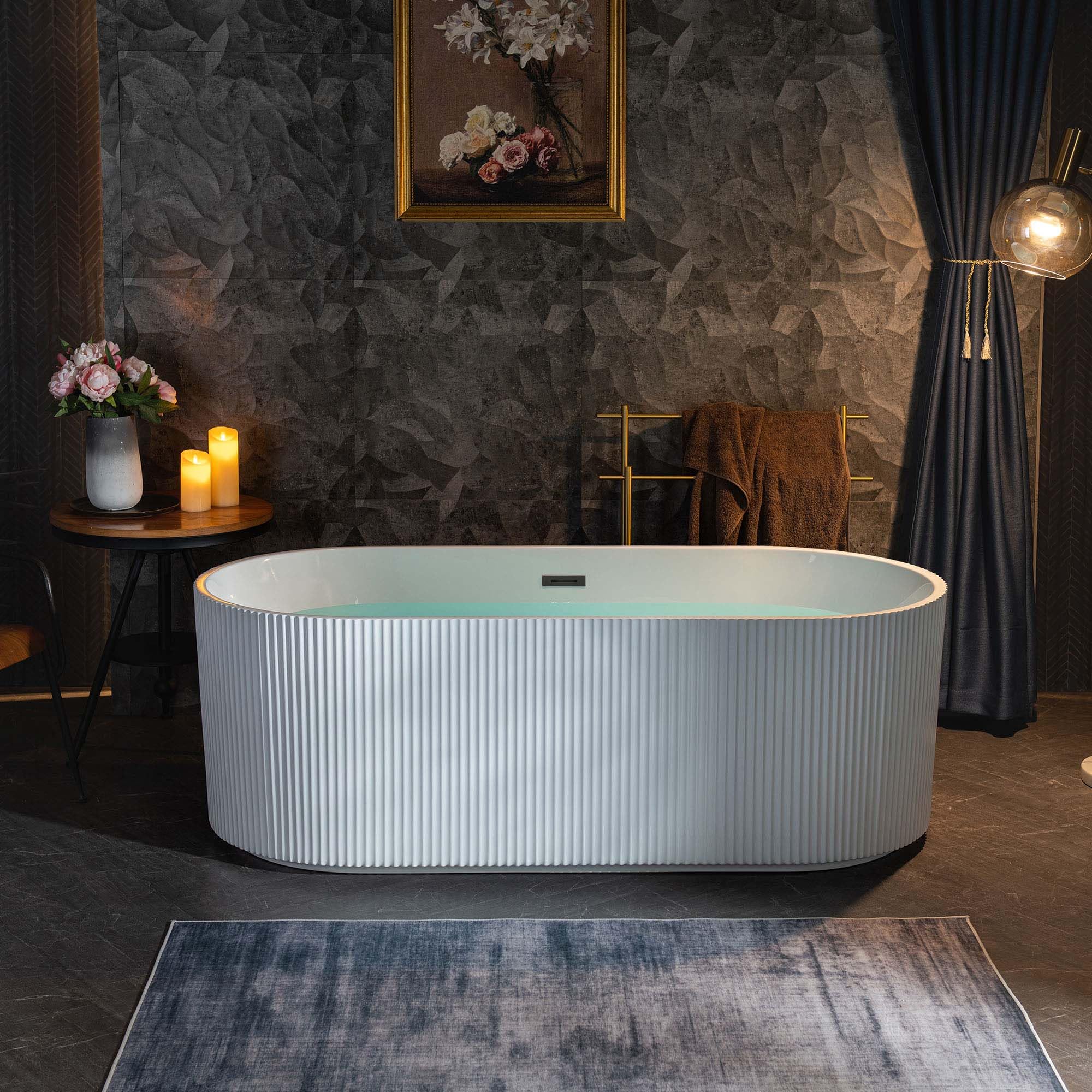 WOODBRIDGE 67" L x 31-1/2" W Freestanding Contemporary Soaking Bathtub with Matte Black Pop-Up Drain Drain and Overflow Option, White, BTA1526/B0026+MB-Drain &O