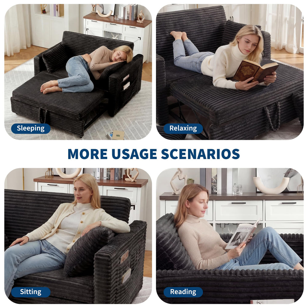 GarveeTech Loveseat Sleeper Sofa Bed, 55'' Pull Out Bed with Adjustable Backrest, Charging Station and Side Pockets, Corduroy Couches for Living Room, Bedroom and Apartment, Dark Grey