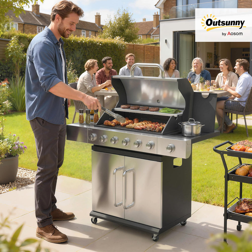 Outsunny 6 Burner Propane Gas Grill with Side Burner, 63,000 BTU Stainless Steel Barbecue Grill with Cast Iron Grates, Wheels, Warming Rack, Side Tables, Cabinet for Outdoor Kitchen, Backyard Barbecue