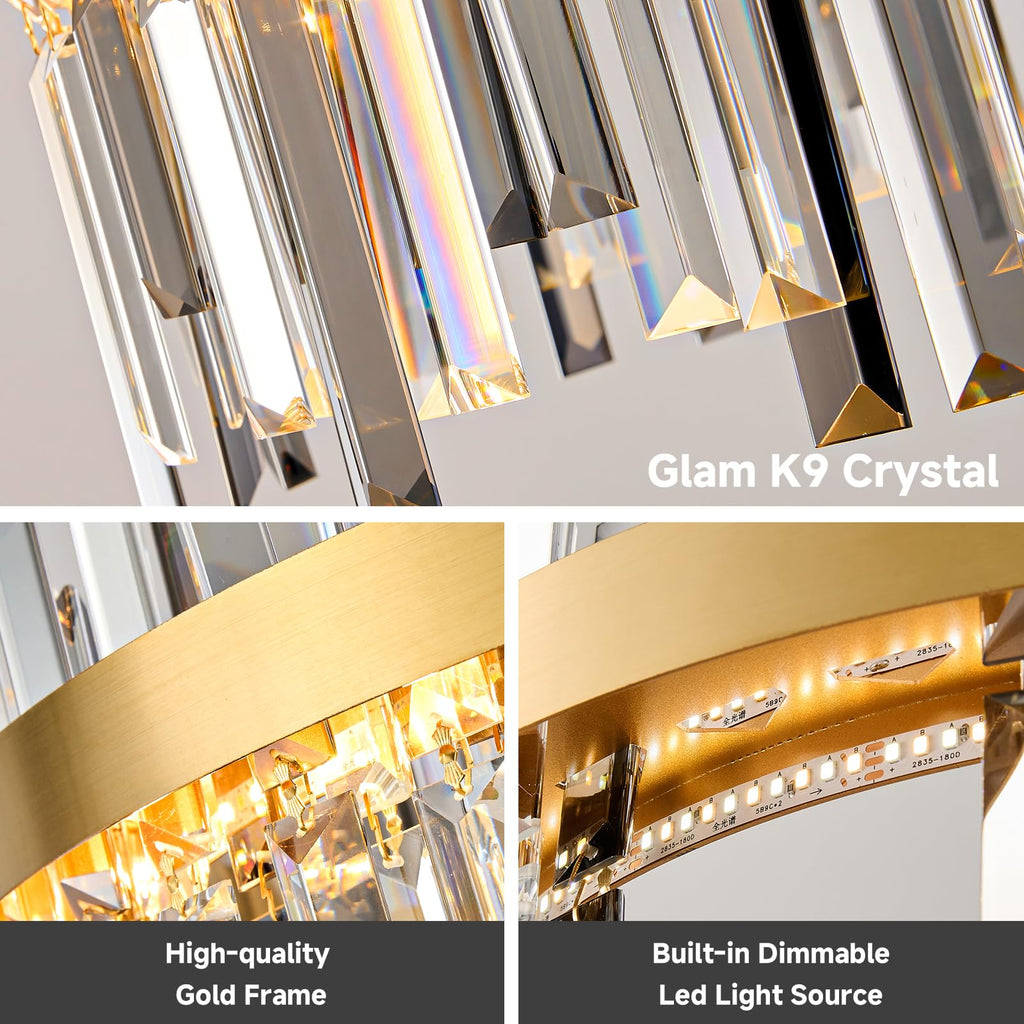Gold Led Modern Crystal Chandelier: 19.7" Round Contemporary 3 Color Dimmable Dining Room Light Fixture over Table - Smoke Grey & Clear Crystals Chandeliers for Bedroom Living Kitchen Entryway Foyer