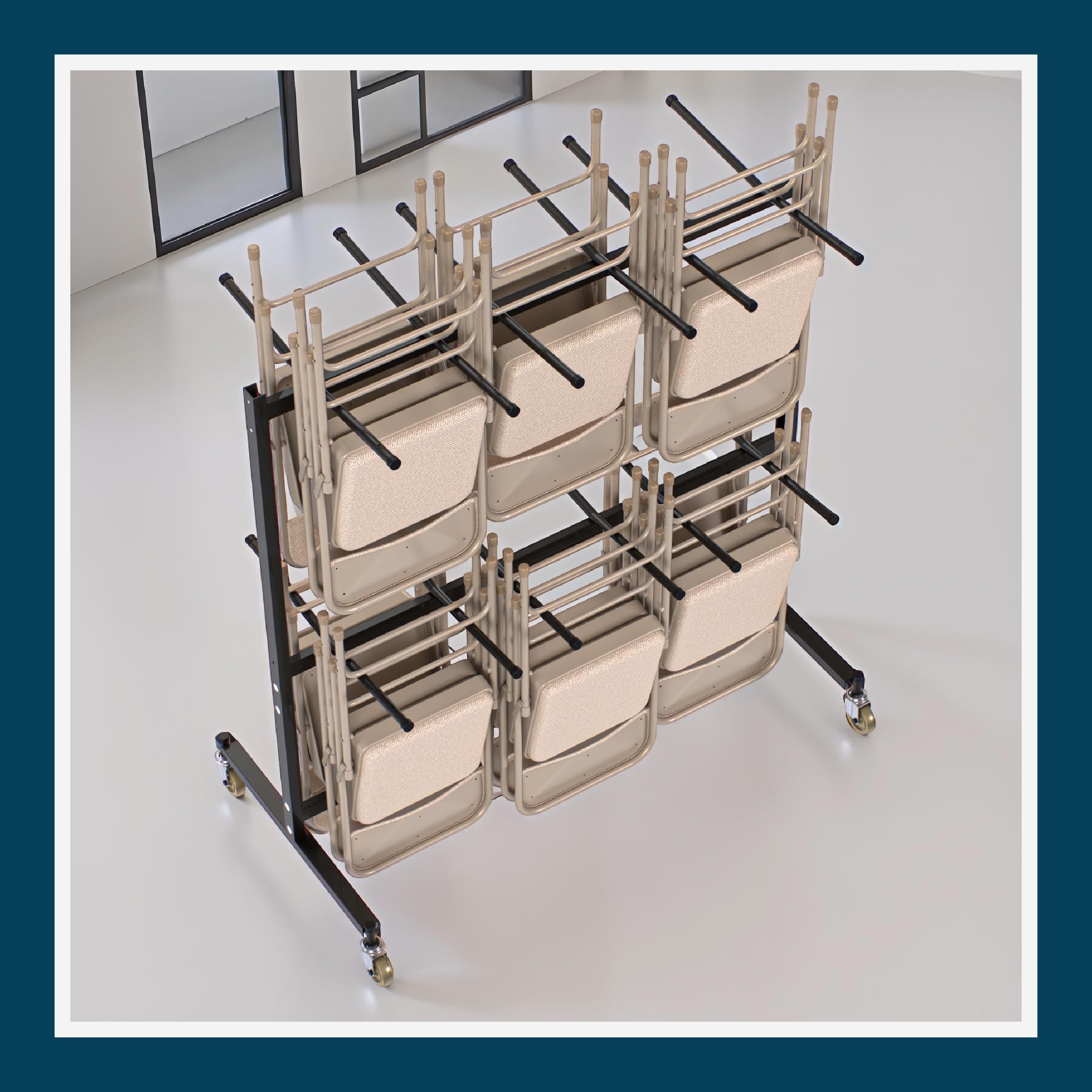 OEF Furnishings OEF84 Series Folding Chair Cart – Heavy-Duty Two-Tier Steel Dolly Rack with Wheels (84 Chairs, Standard Height, Hanging Storage)