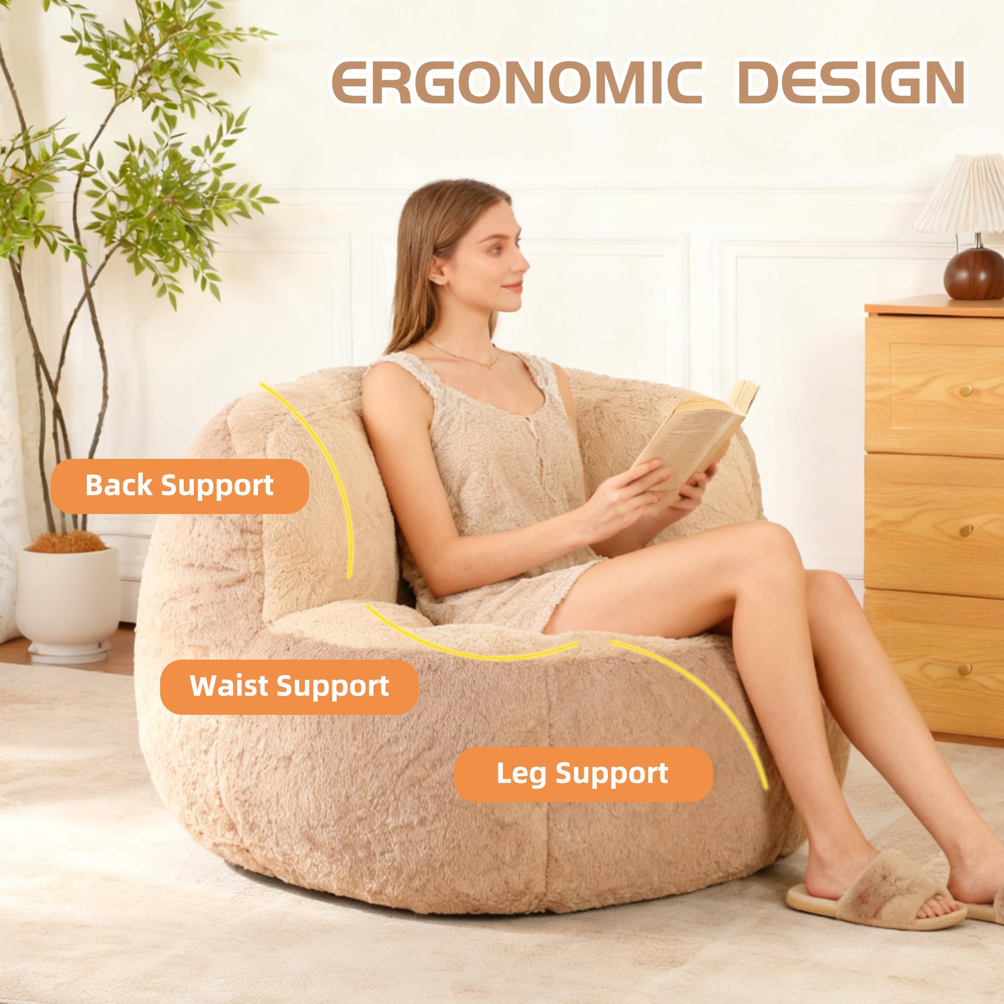 Oversized Bean Bag Chairs,Multicolor Faux Fur Couch Filled with Shredded Sponge,Large Lounger Sofa for Living Room,No Assembly Required,Brown+Camel