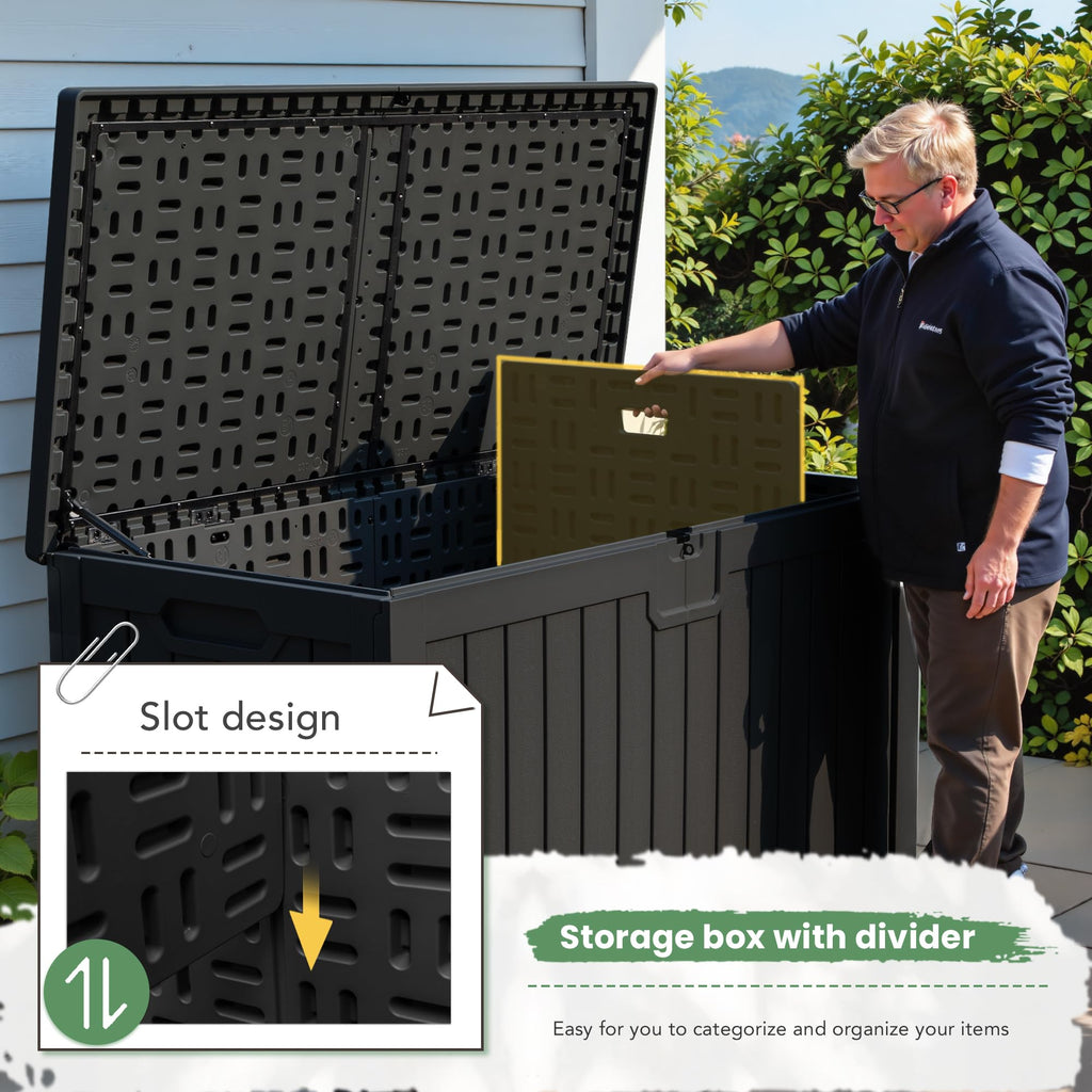 Greesum 230 Gallon HDPE Outdoor Storage Box with Removable Dividers, Weatherproof Oversized Deck Box for Patio, Garage, Garden, Black