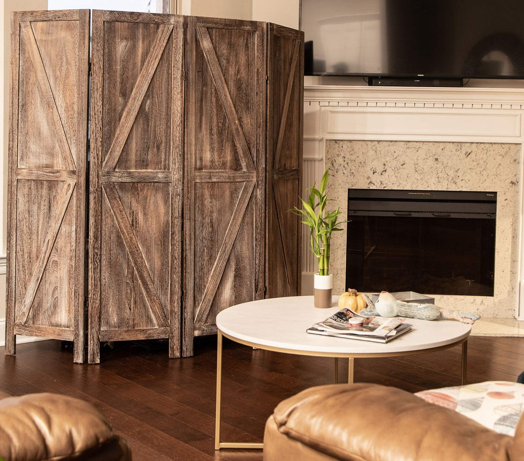 Premium Home 6-Panel Room Divider – Rustic Brown Barn Door, K Pattern Folding Privacy Screen, Partition Wall