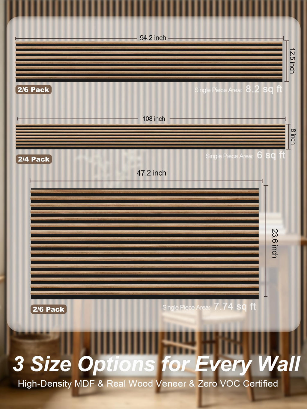 Mollywell Wood Slat Wall Panels, Walnut Acoustic Wall Panel 94.5x12.5 Inch, 8ft Arc Slat Wall Paneling, Flexible 3D Sound Proof Accent Wall Boards NRC 0.95 for TV Backdrop Bedroom, Pack of 6