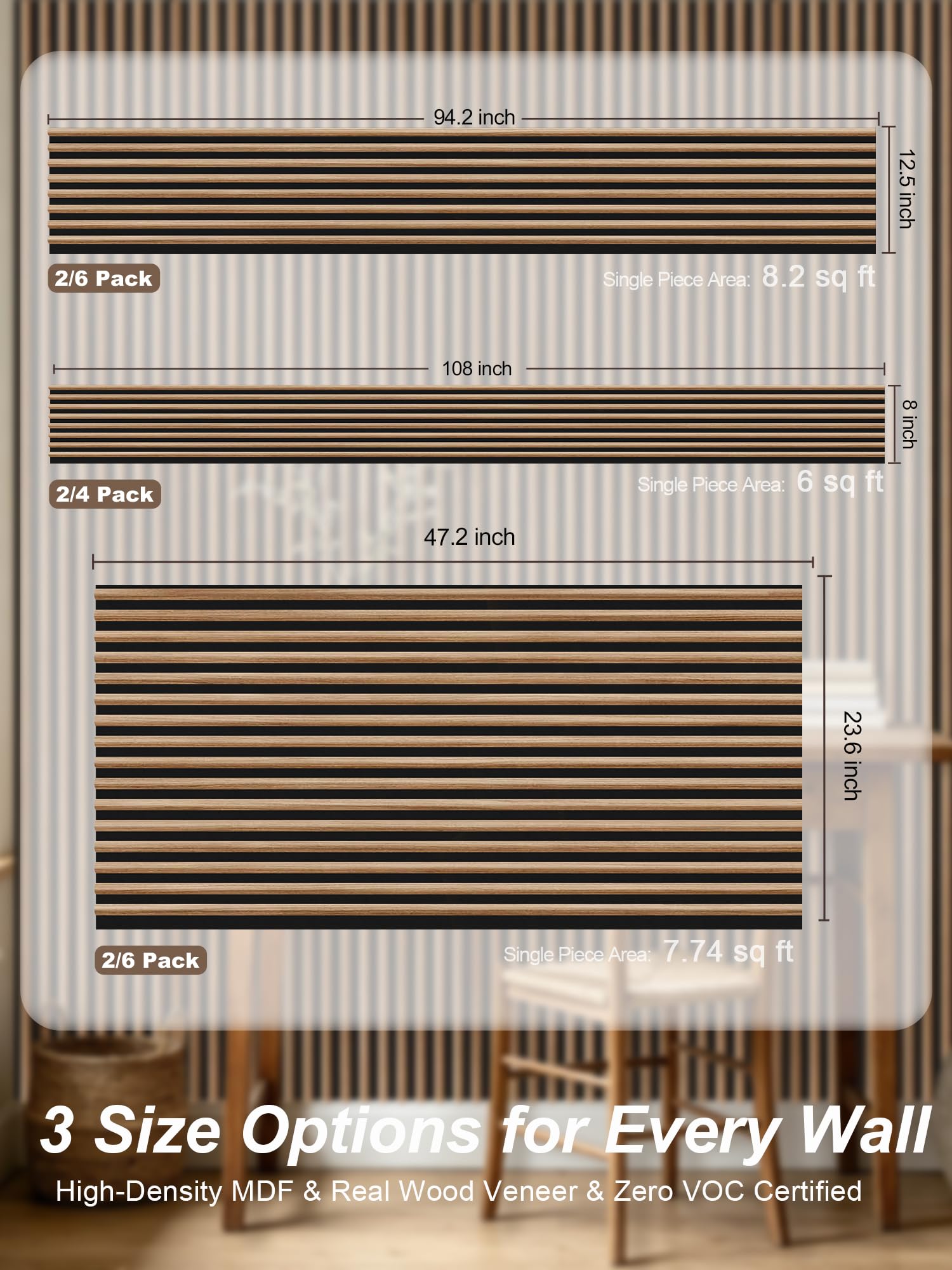 Mollywell Wood Slat Wall Panels, Walnut Acoustic Wall Panel 94.5x12.5 Inch, 8ft Arc Slat Wall Paneling, Flexible 3D Sound Proof Accent Wall Boards NRC 0.95 for TV Backdrop Bedroom, Pack of 6