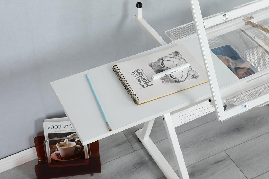 GOWE White Adjustable Tempered Glass Drafting Printing Table with Chair