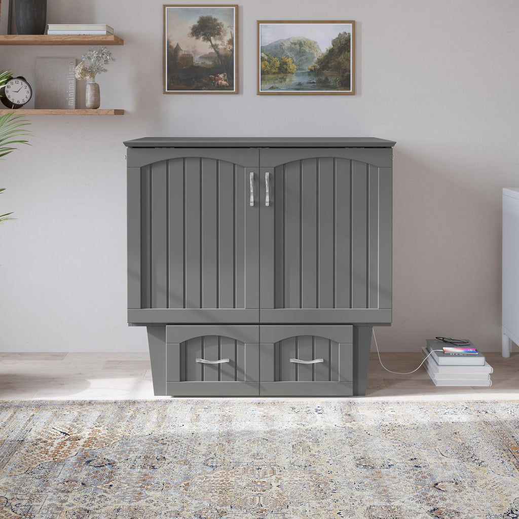 AFI, Nantucket Twin Murphy Bed Chest with Mattress, Storage Drawer and Built-In USB Charger, Grey