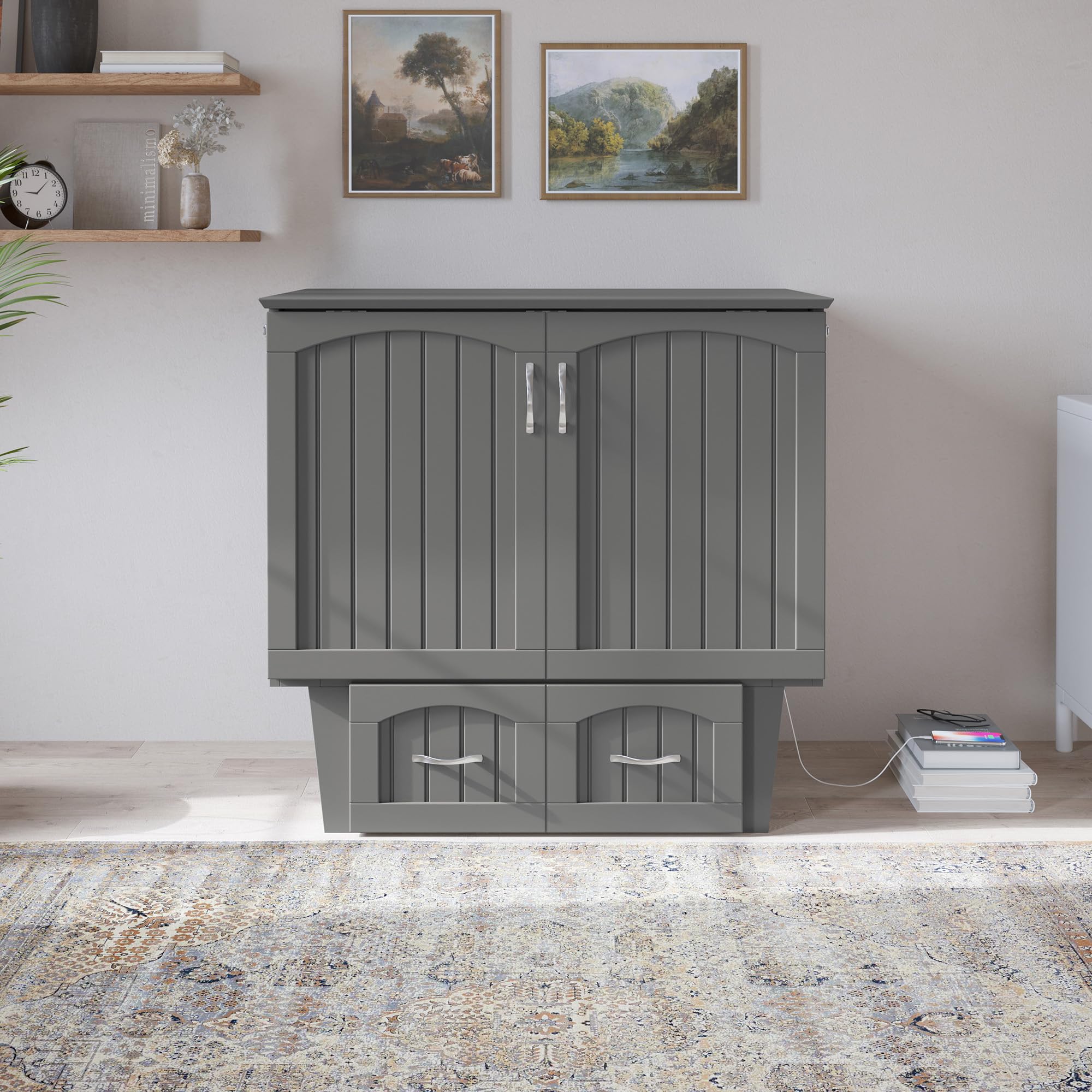 AFI, Nantucket Twin Murphy Bed Chest with Mattress, Storage Drawer and Built-In USB Charger, Grey
