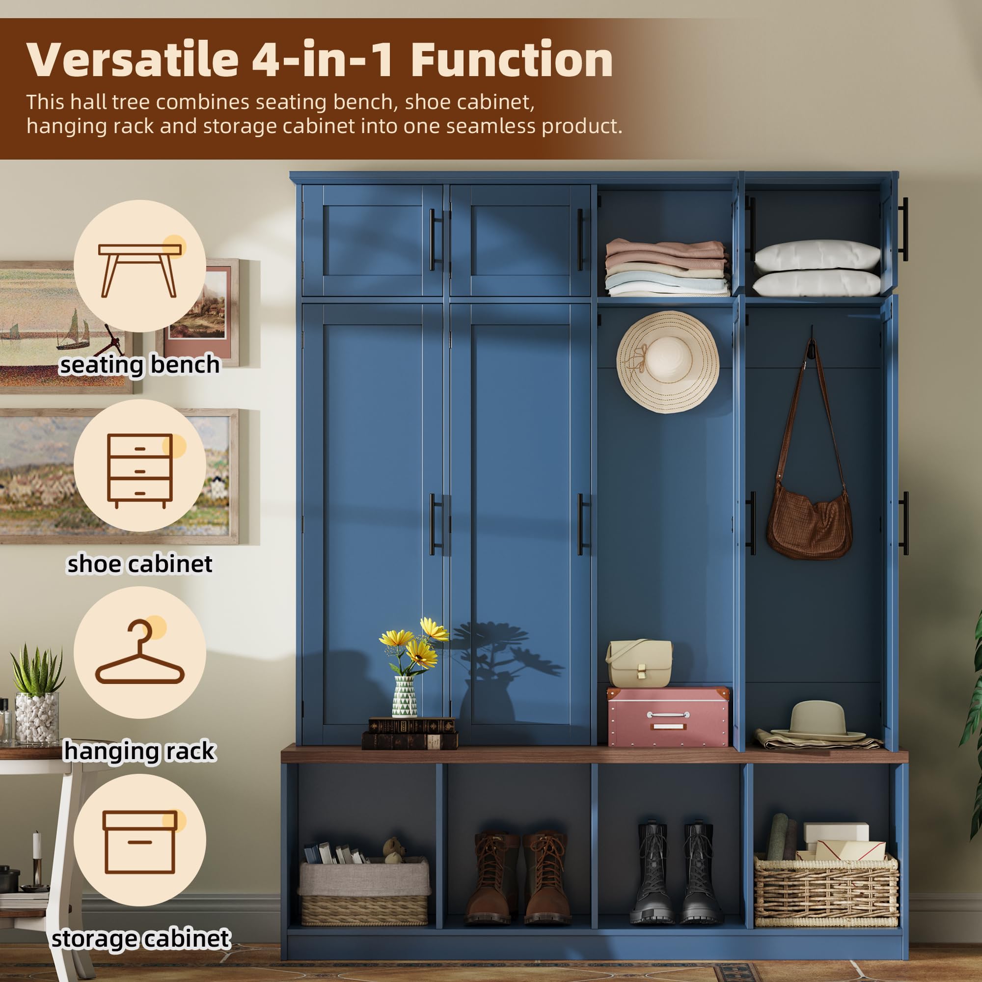 Hall Tree with Entryway Bench and Shoe Cabinet, Multi-Functional Seating Bench with 4 Hanging Hooks and 8 Doors, Blue