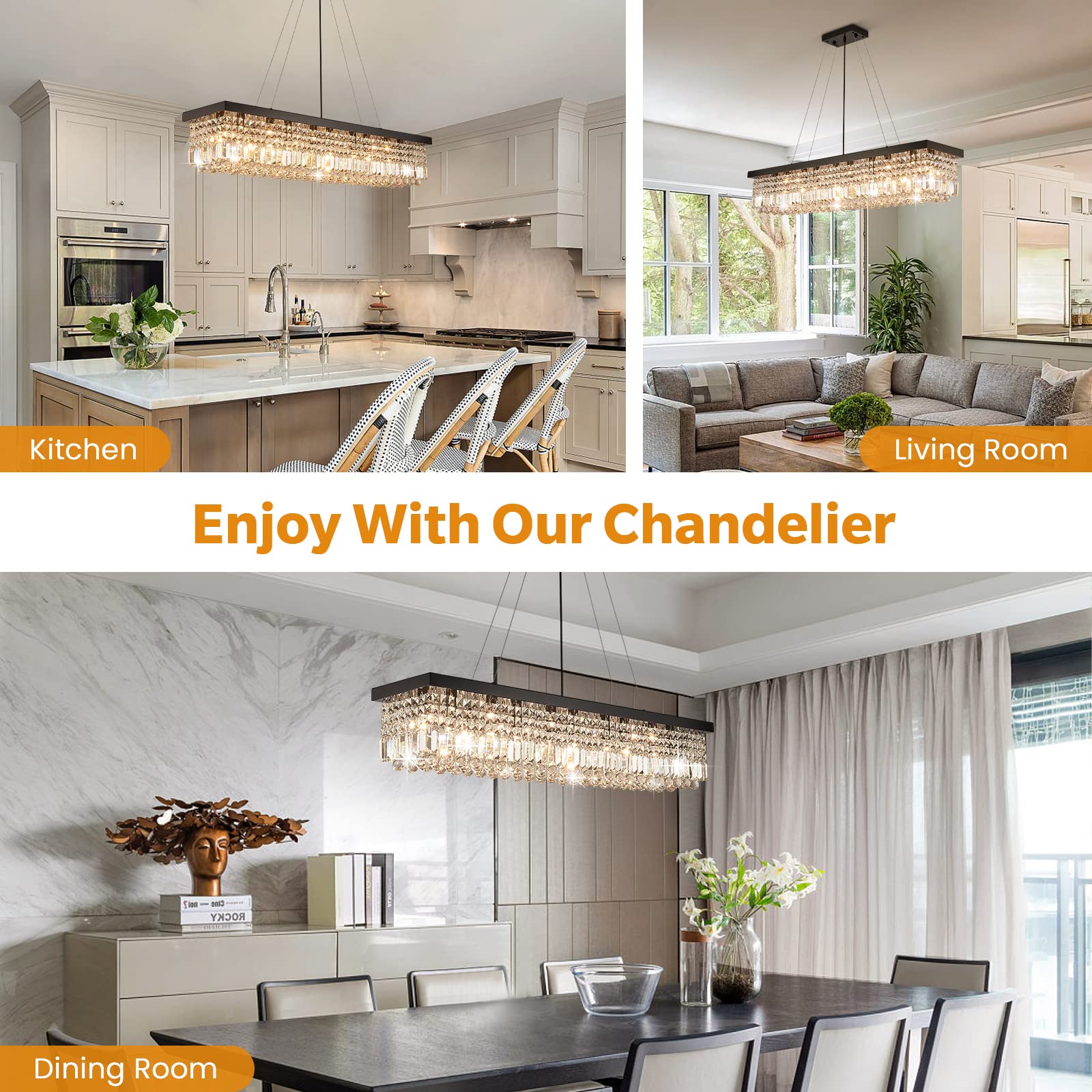 7PM Rectangle K9 Crystal Chandelier Modern Rectangular Pendant Lighting Fixture for Dining Room Kitchen Island Bedroom Black L47'' x W10'' x H10''