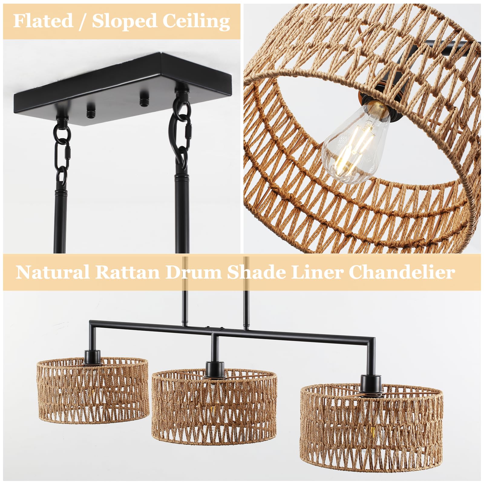 MRHYSWD 47" Hand Woven Rattan Chandeliers for Dining Room, 3-light Boho Linear Chandeliers Large Farmhouse Kitchen Island Lighting, Black Finish Pendant Light Fixtures Over Table, Bar, Living Room,E26