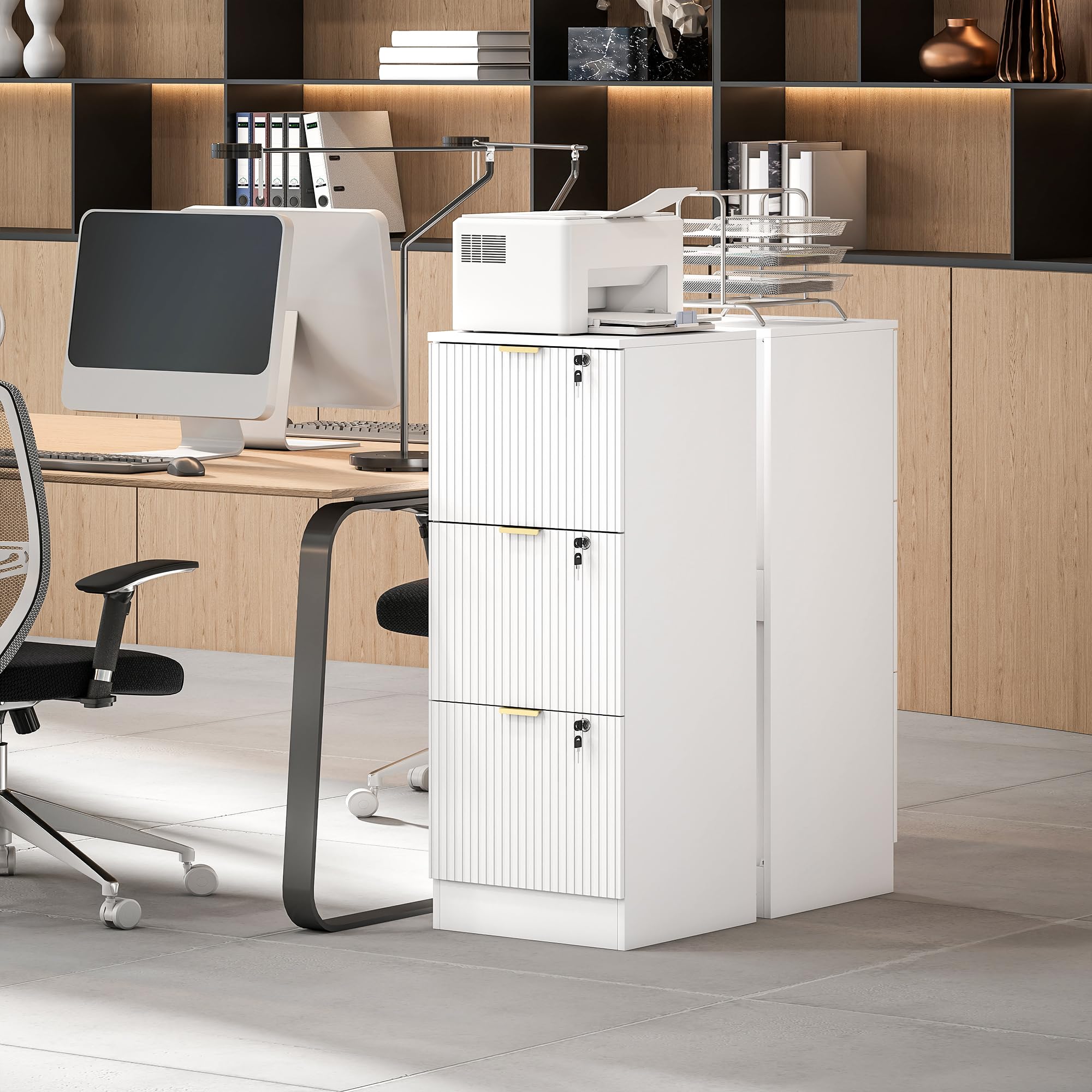 HOMCOM 3 Drawer File Cabinet, Fluted Vertical Filing Cabinet with Lock and Adjustable Hanging Rails for A4 Letter Size Files, Printer Stand with Storage, White