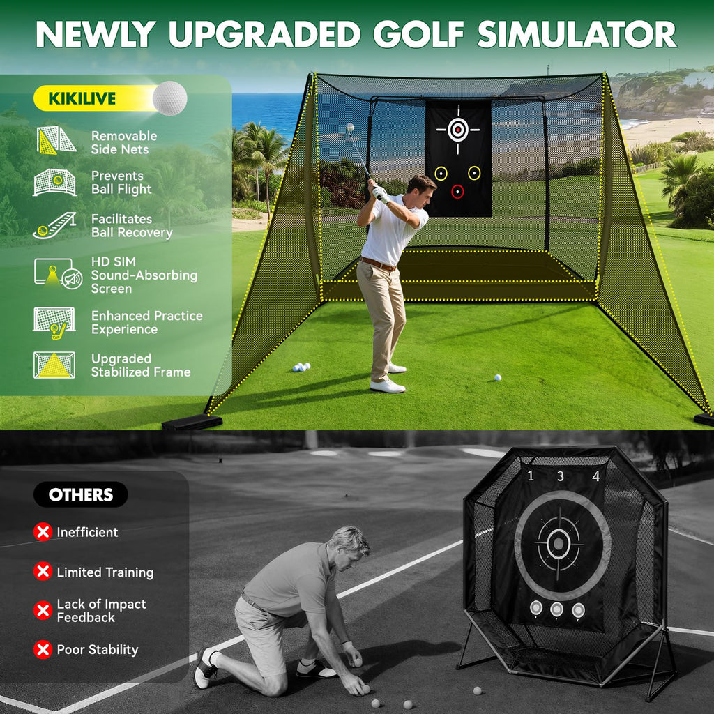 10x8FT Golf Practice Net with 2 Net Side Barriers Outdoor Indoor Golfs Hitting Net with HD Impact Screen Kit for Backyard Home Easy Set up Golf Training for Garage