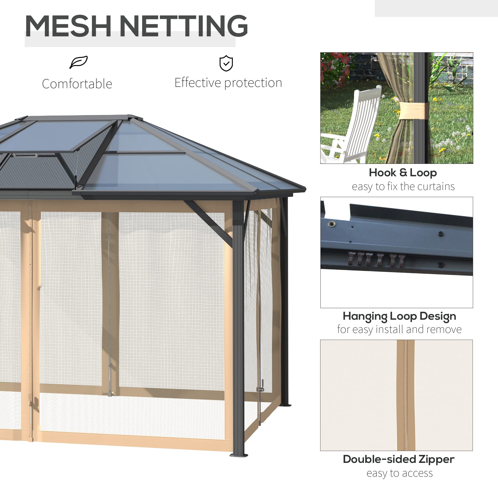 GOWE 10' x 12' Hardtop Gazebo Canopy with Polycarbonate Roof, Top Vent and Aluminum Frame, Permanent Pavilion Outdoor Gazebo with Netting, for Patio, Garden, Backyard, Deck, Lawn