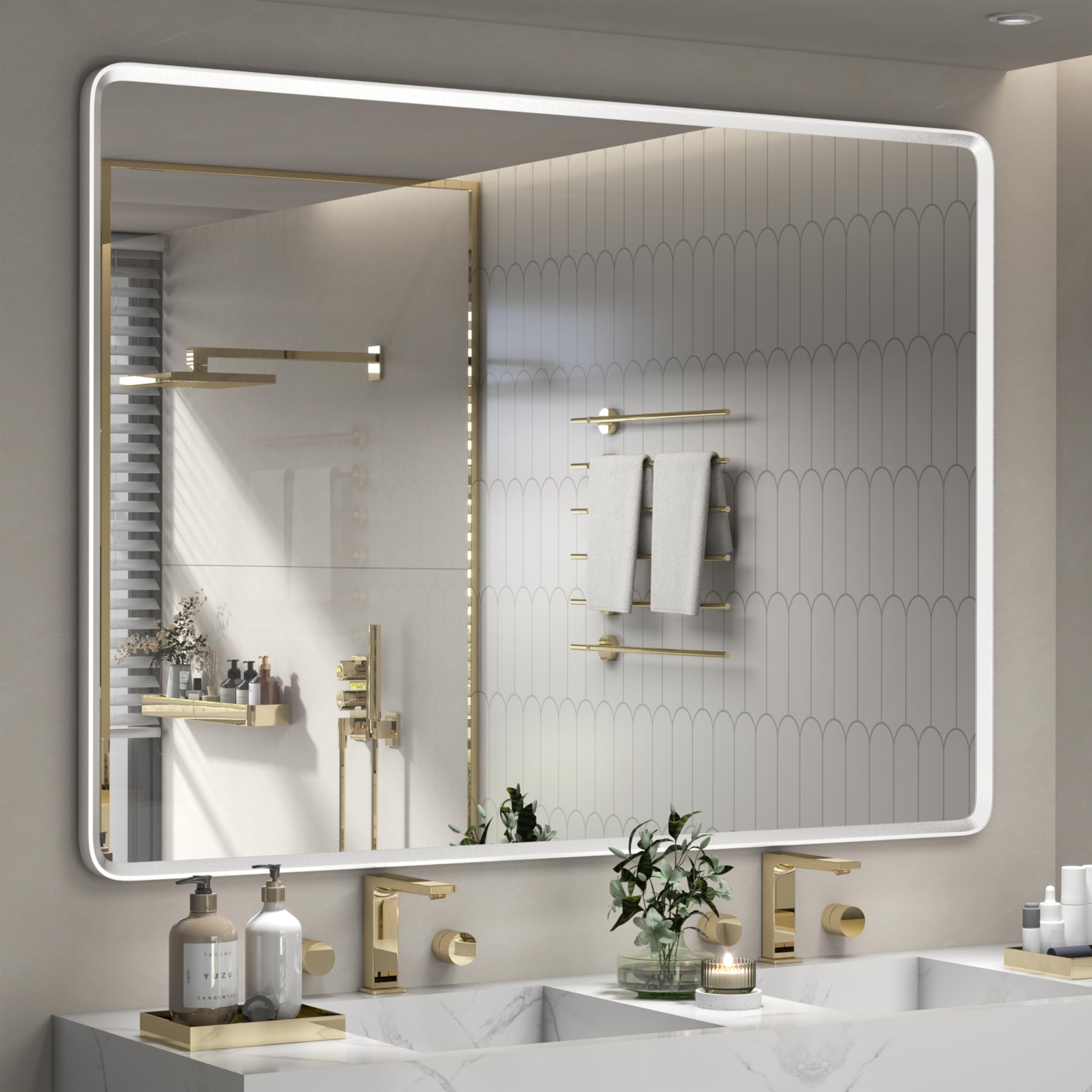 GOLOMO 55x40 Inch Silver Framed Mirror, Silver Bathroom Vanity Mirror for Wall, Brushed Nickel, Rounded Rectangle Mirror, Shatterproof, Anti-Rust (Horizontal/Vertical)