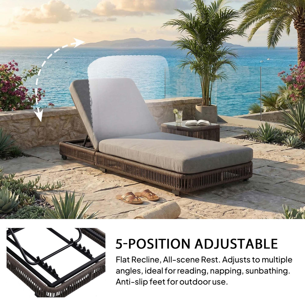 Outdoor Chaise Lounge Chair, 5-Position Adjustable Backrest, All-Weather Grey PE Rattan Wicker Recliner with 5 Inch Grey Cushion, Water-resistant Patio Lounge Chair for Poolside, Beach, Backyard