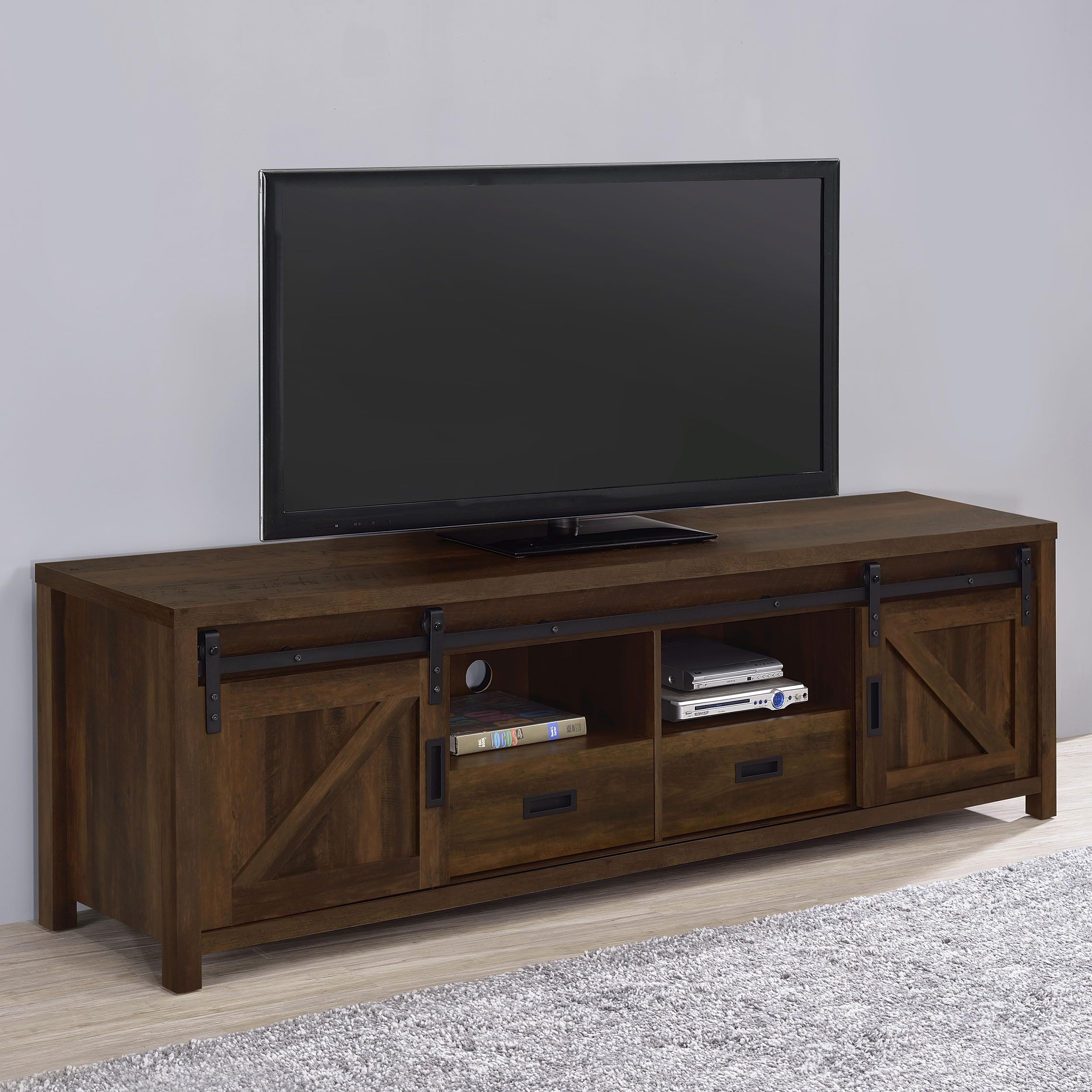 Coaster Home Furnishings - Madra - Engineered Wood - 79-Inch TV Stand with Sliding Barn Doors, 2 Open Shelves - Living Room - Dark Pine - 736273