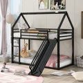 Merax Modern Twin Over Twin Heavy Steel Low Bunk Bed with Ladder and Slide, House Shaped Bunk Bed Frame with Full Lenght Guardrail, No Box Spring Needed, Space-Saving, Black