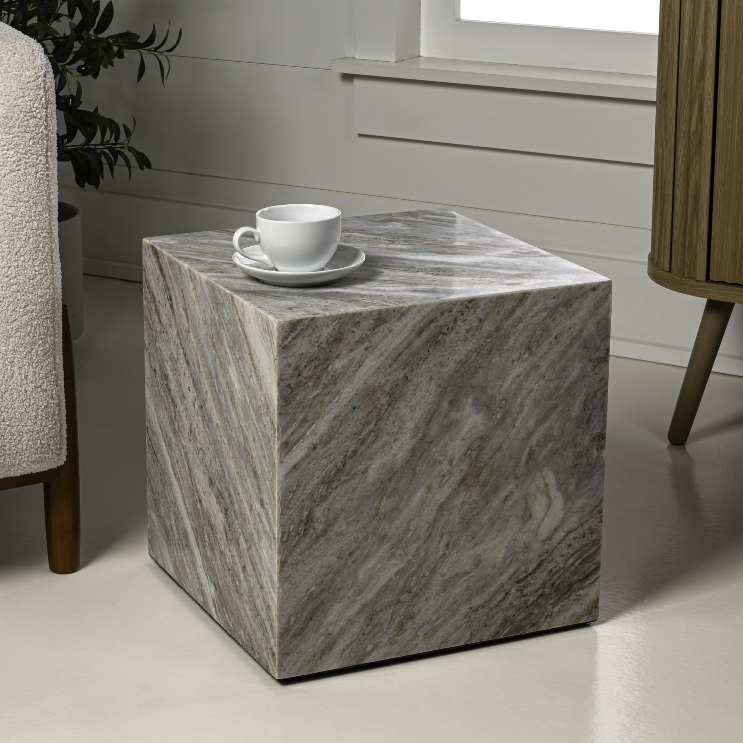 JONATHAN Y Felix 15" Solid Marble Cube End Table, Natural Stone Square Block Side Table for Living Room, Modern Glossy Pedestal Accent Table, Fully Assembled MTB1101A