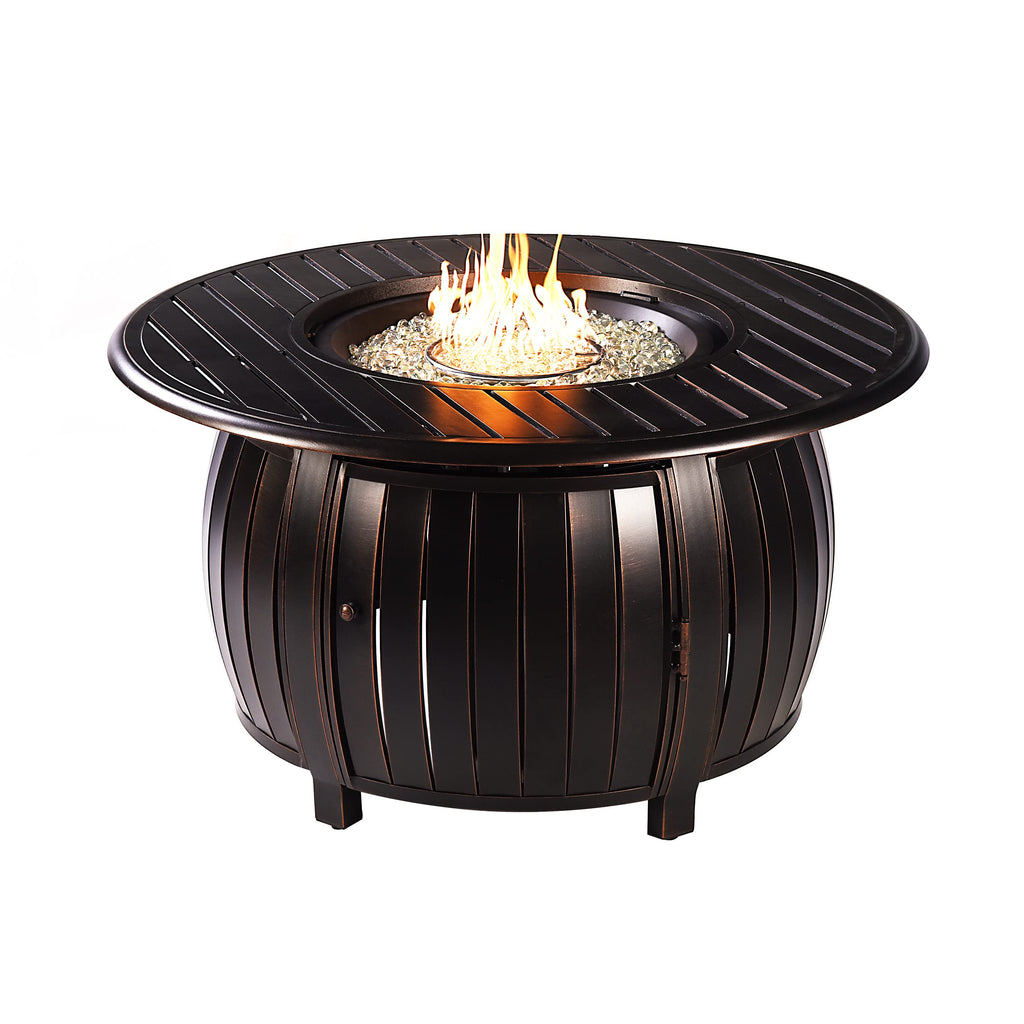 Oakland Living Aluminum 57,0000 BTU 44 in. Round Propane Black Fire Pit Table with Fire Beads, Lid, Propane Tank Cover and Table Fabric Covers in Copper Finish
