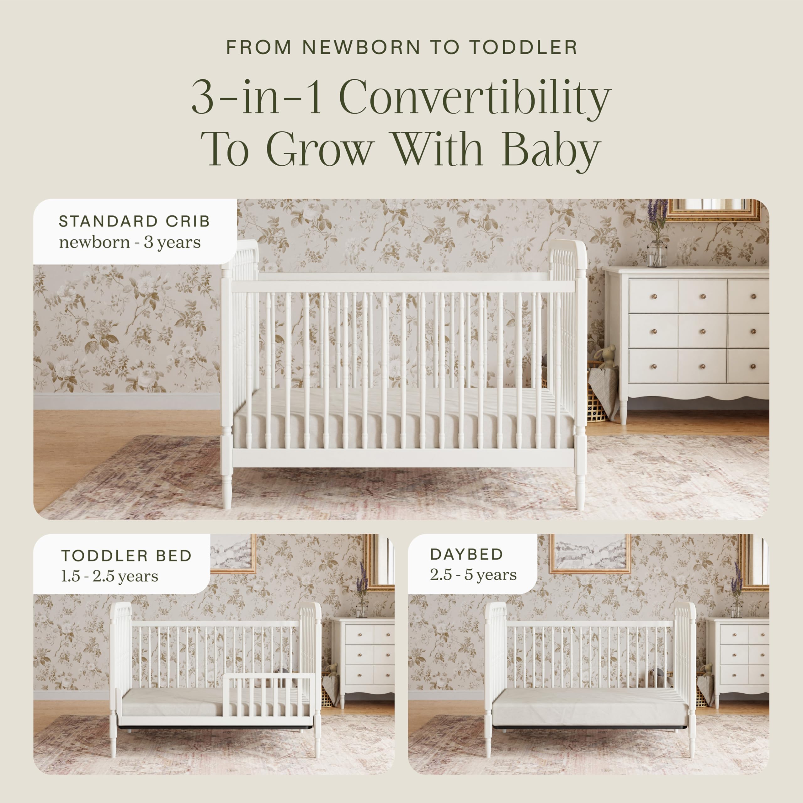 Namesake Liberty 3-in-1 Convertible Baby Crib - Greengurad Gold Certified - Wooden Convertible Baby Crib to Toddler Bed, Daybed - Durable & Easy to Assemble, 4 Adjustable Mattress Heights - Warm White