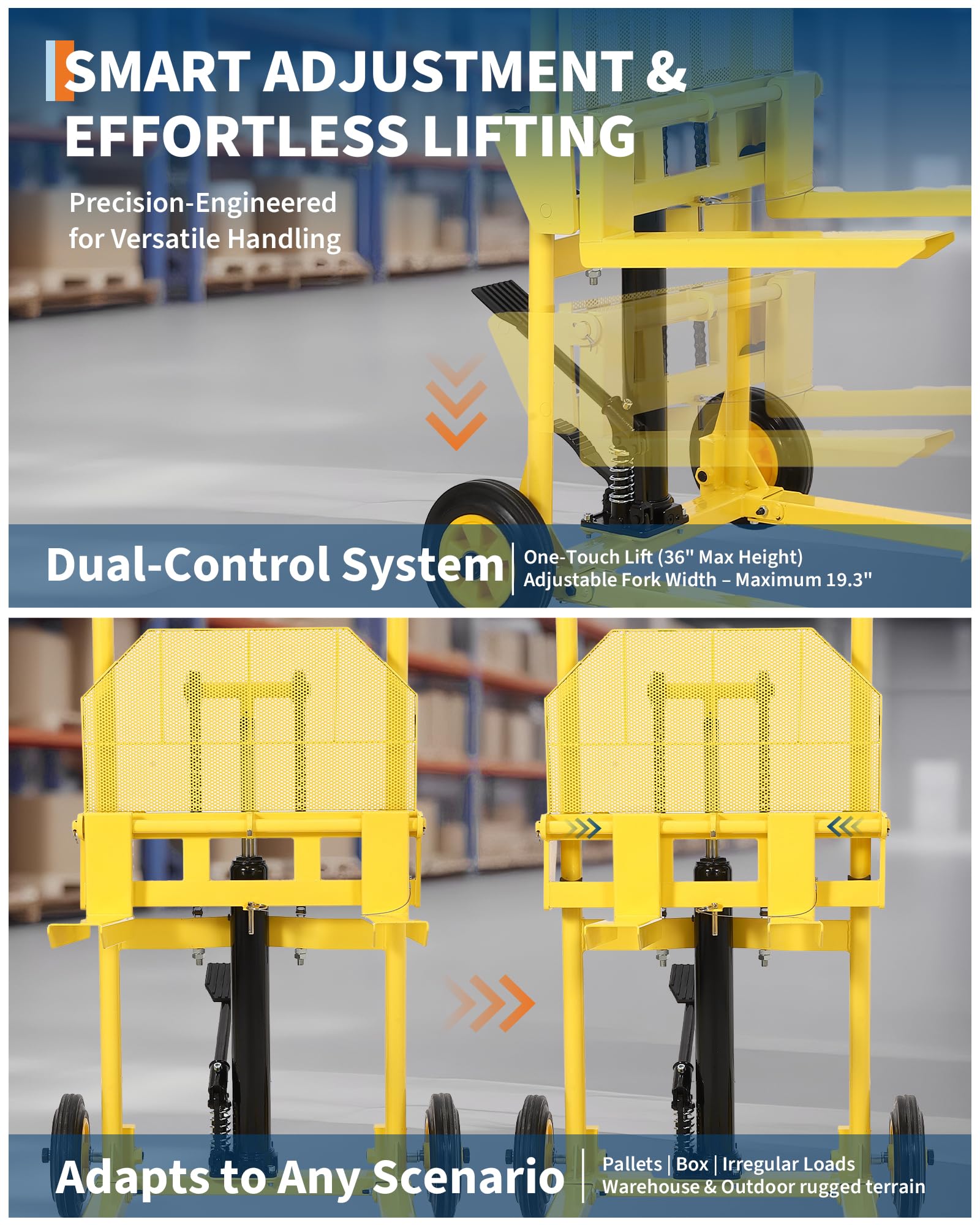 Hydraulic Material Lift with Steel Platform Board, 440lbs Capacity Pallet Truck Dolly, Lift Table, 36" Max Lift Winch Stacker, Multifunctional Hydraulic Hand Truck Fork Lift, Adjustable Forks