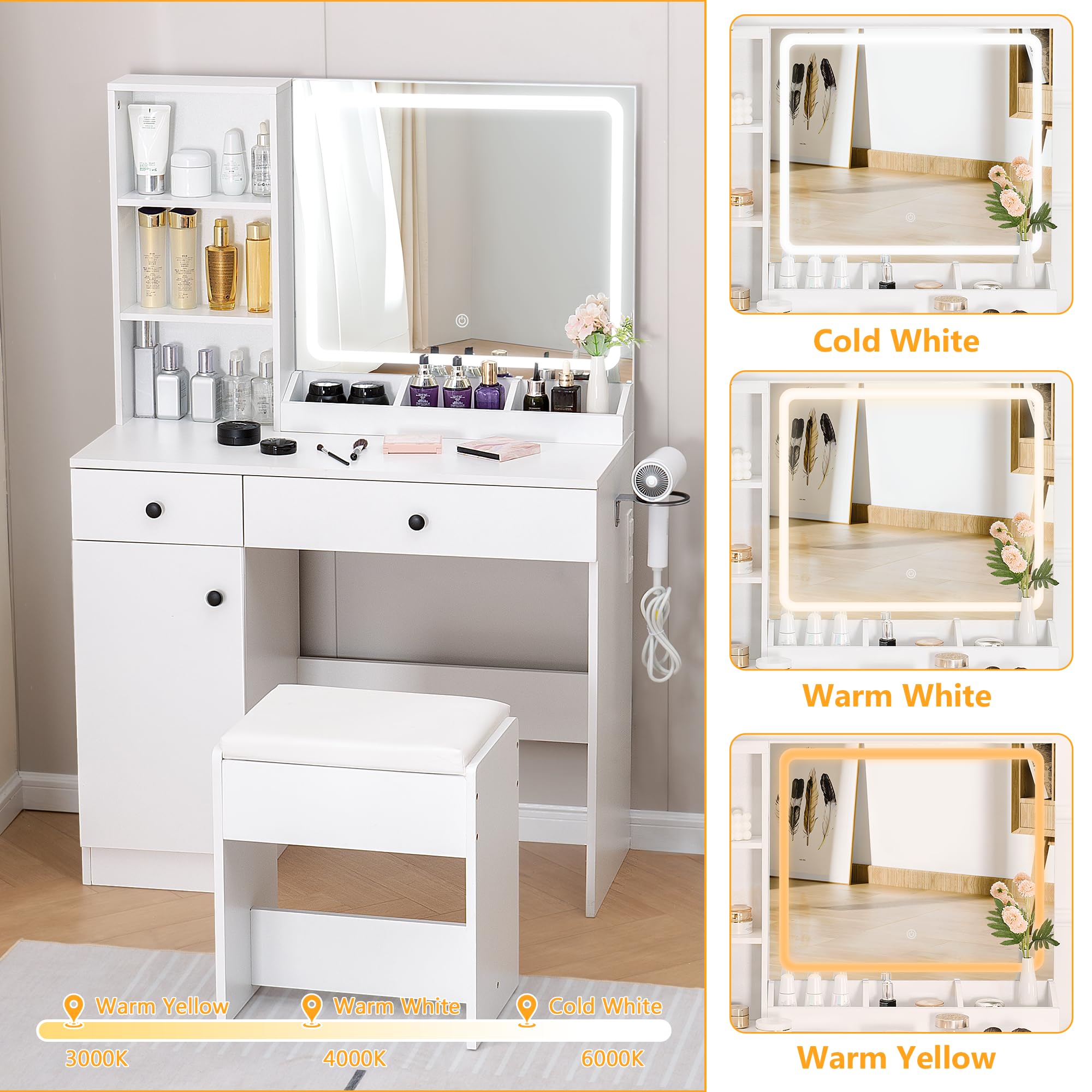 KAMABOKO Vanity Desk with Mirror and Lights, Makeup Vanity Table with Drawers & Shelves, Power Outlet, Dressing Table with Jewelry Storage for Bedroom (007 White)