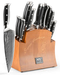 16-Piece Damascus Knife Set with Block, VG10 67-Layer Damascus Steel Kitchen Knife Set with Triple-Rivet Handles, 6 Steak Knives, Meat Fork, Sharpener & Scissors, Natural Wood