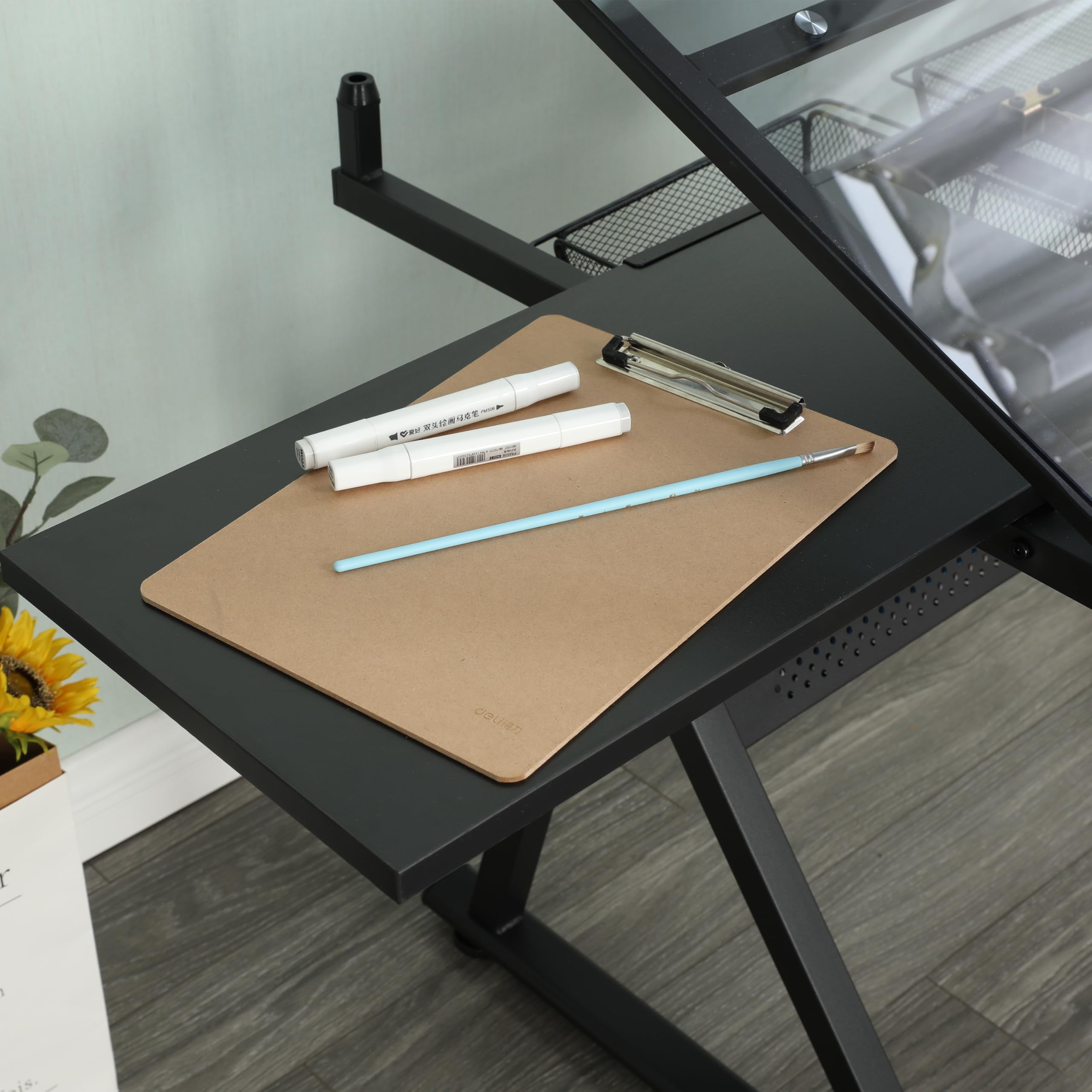 Adjustable Drafting Table with 0-75° Glass Top, Height Adjustable Standing Desk for Artists, Writing Desk for Home Office, Computer Desk with Storage, Black Long Desk for Designers & Art Students,A-1