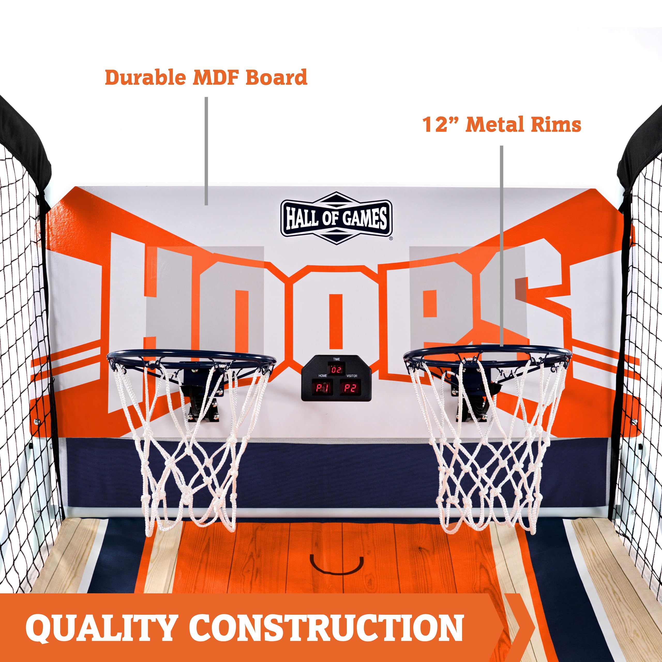 Hall of Games EZ Fold Premium Indoor Arcade Basketball Game, Steel Frame and Dual Shot Electronic Scoring with 4 Size 3 Basketballs Included, Perfect for Basement Game Rooms