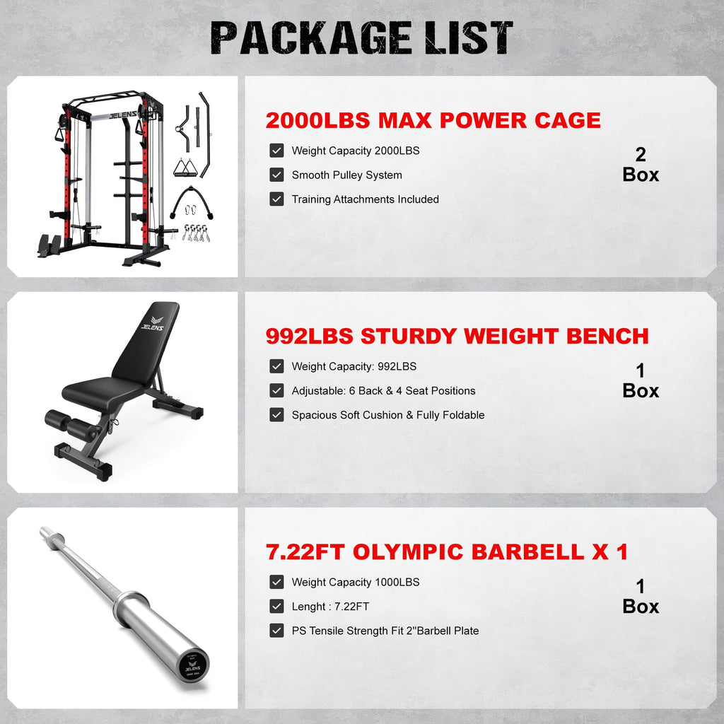 JELENS C21 Power Cage, 2000LBS Multi-Function Power Rack with Independent Dual Pulley System, All-in-One Squat Rack for Cable Crossover, Home Gym Workout Machine (Red, C21 Power Cage (Home Gym))
