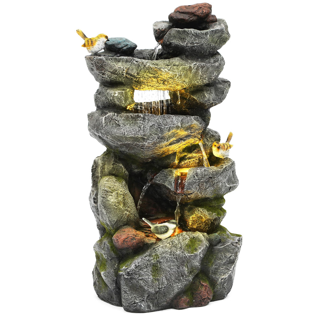 Ultym 31.5" Multi-Tier Rock Outdoor Water Fountain with LED Lights, Cascading Waterfall with Birds for Garden Patio Porch, Weather-Resistant Resin Water Feature for Tranquil Oasis