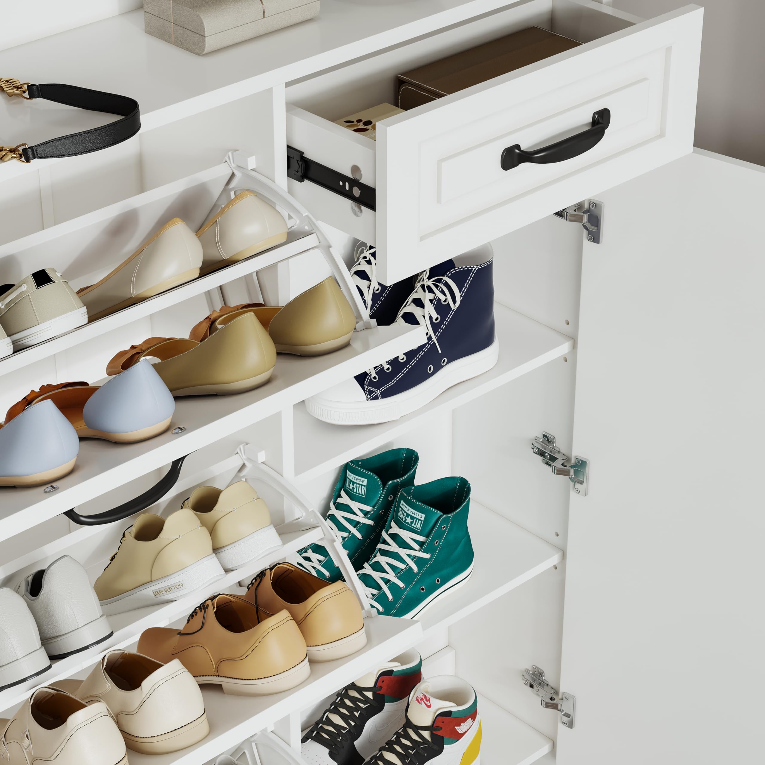 Ball & Cast Shoe Storage Cabinet with 3 Flip Drawers & 1 Drawer, Freestanding Hidden Shoe Organizer with Legs for Entryway, Narrow Shoe Rack Cabinet for Living Room,White